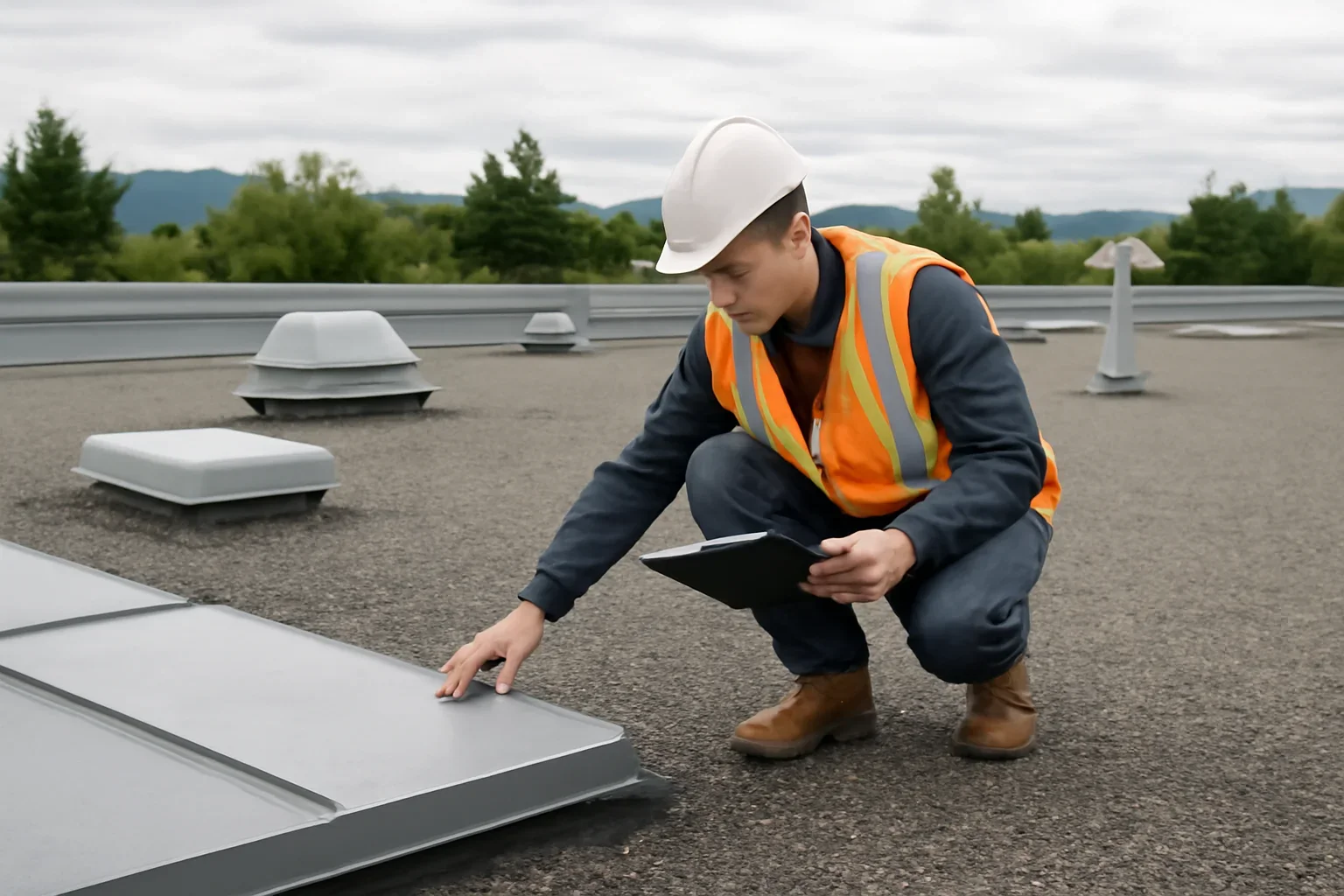 Professional roofing work related to annual commercial roof maintenance inspection