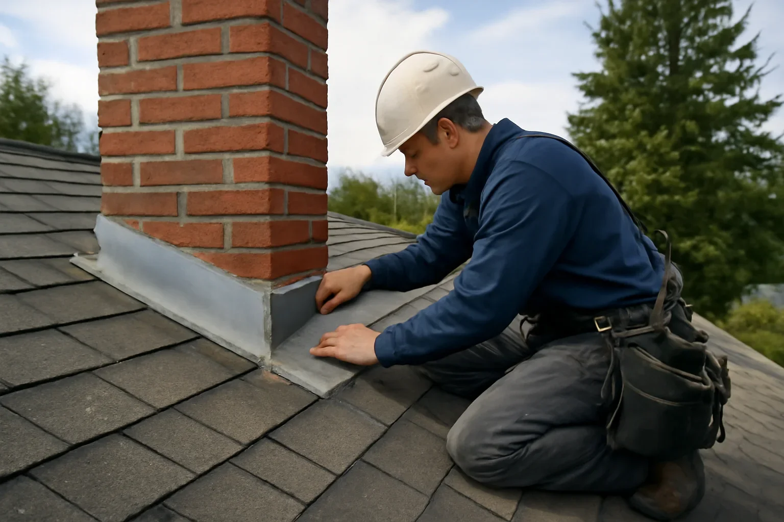 Professional roofing work related to chimney flashing repair