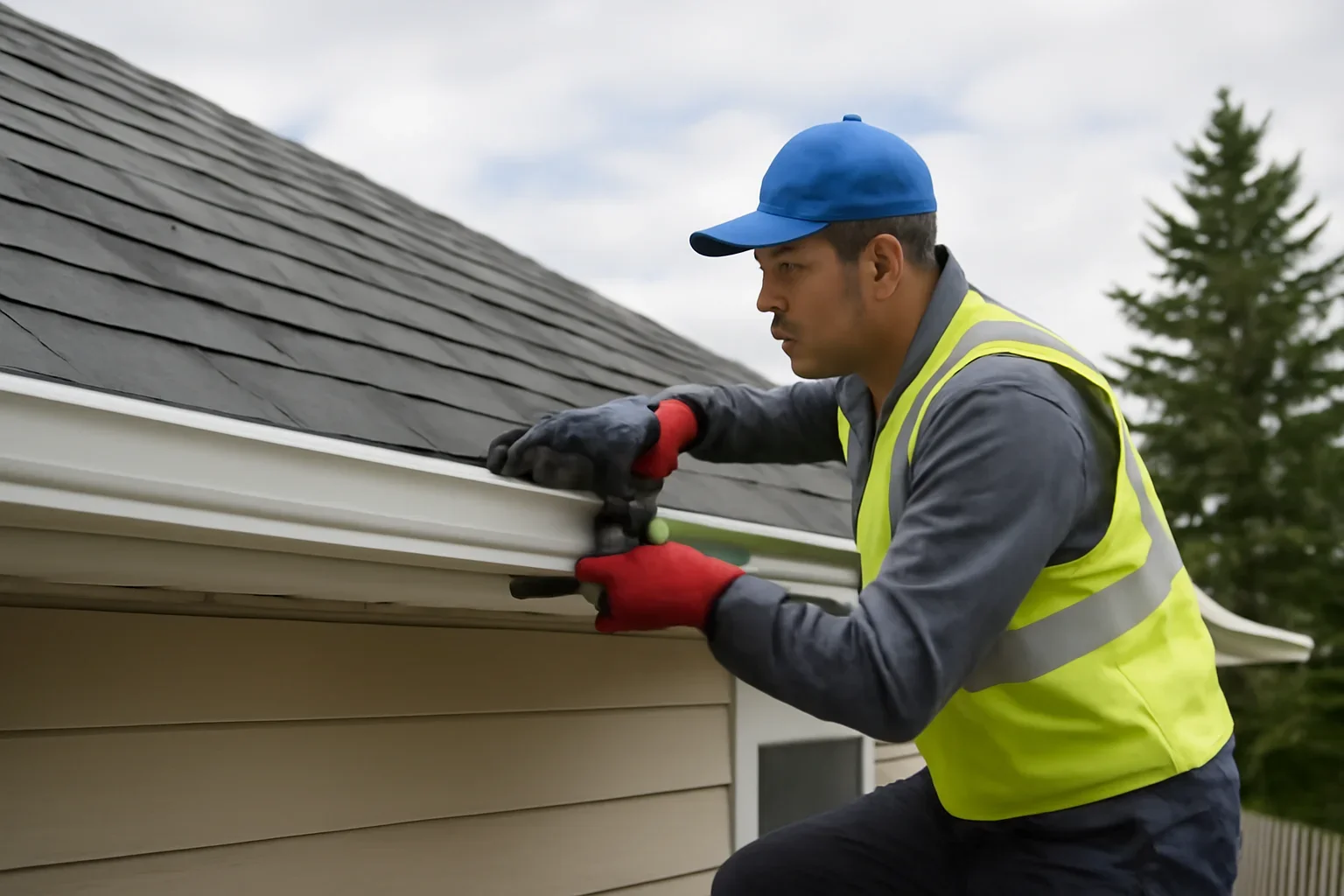 Professional roofing work related to gutter installation