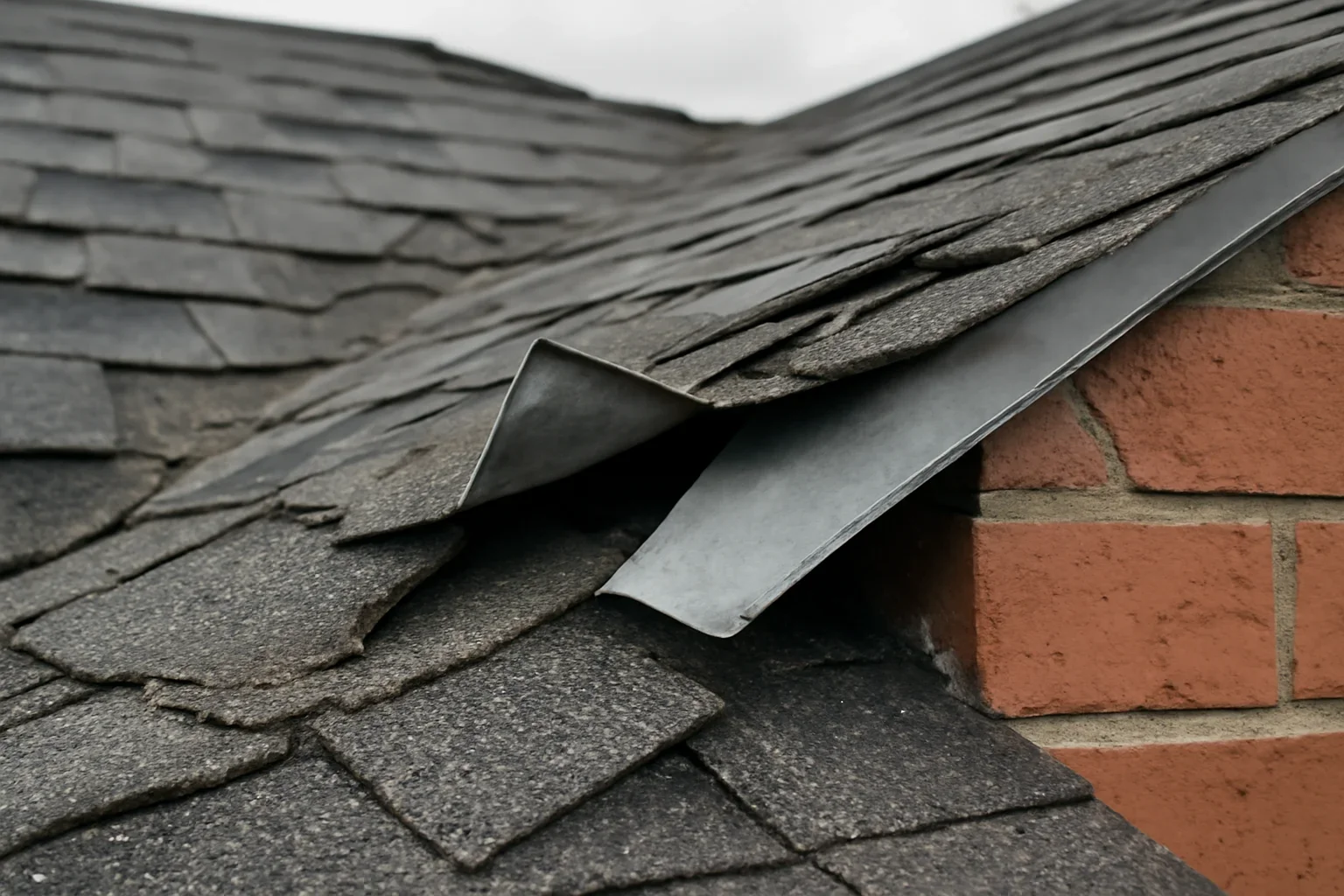 Roof detail supporting how wind damages shingles and flashing