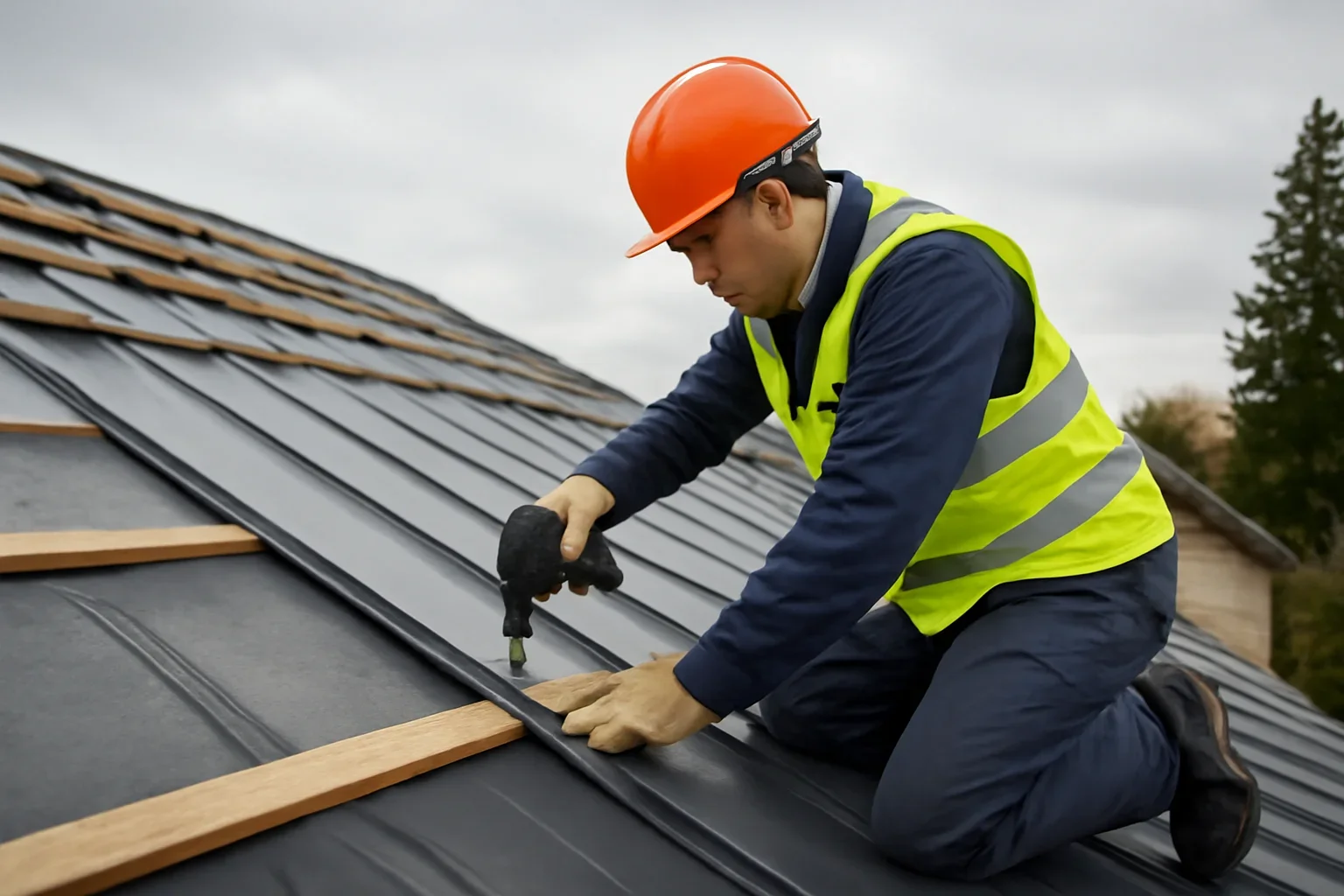Professional roofing work related to metal-roof installation