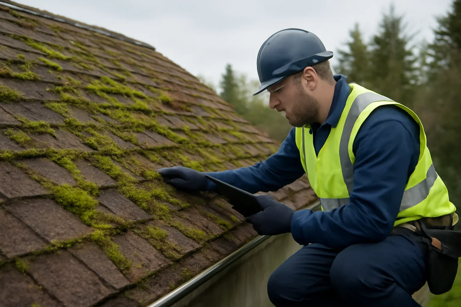 Professional roofing work related to moss-damaged roof assessment