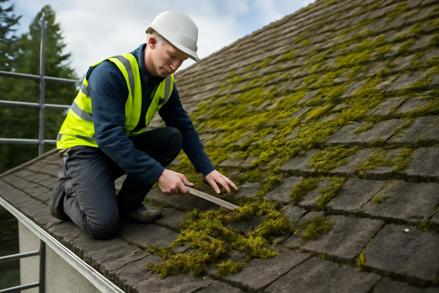 Professional roofing work related to moss removal