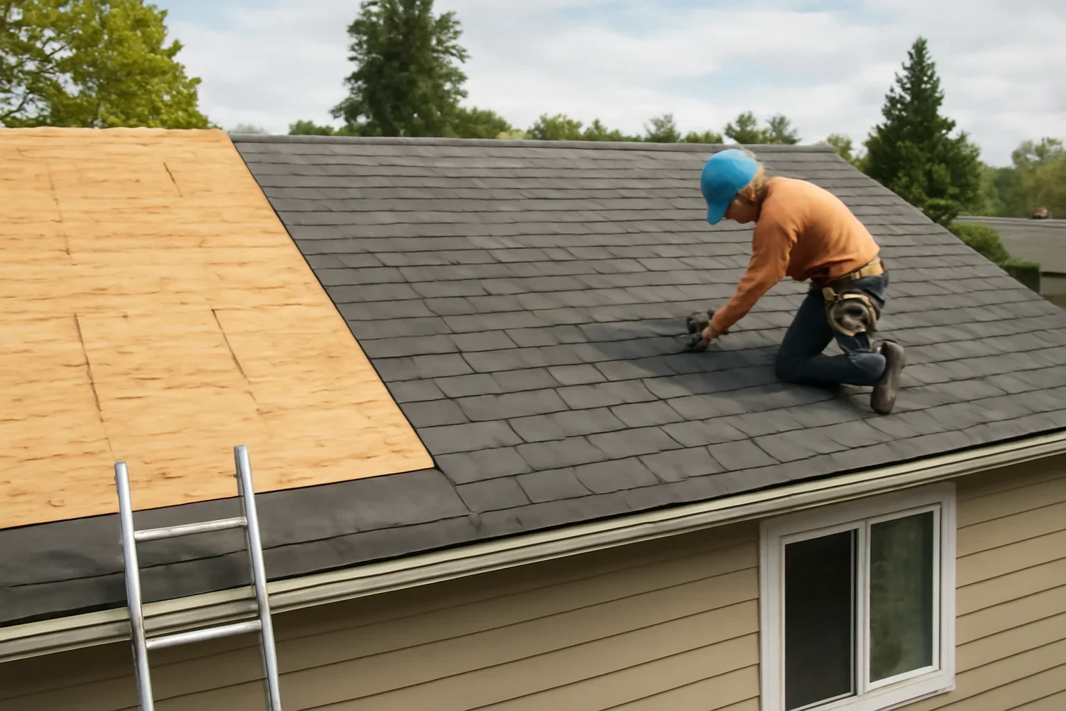 Professional roofing work related to residential roof completed in stages