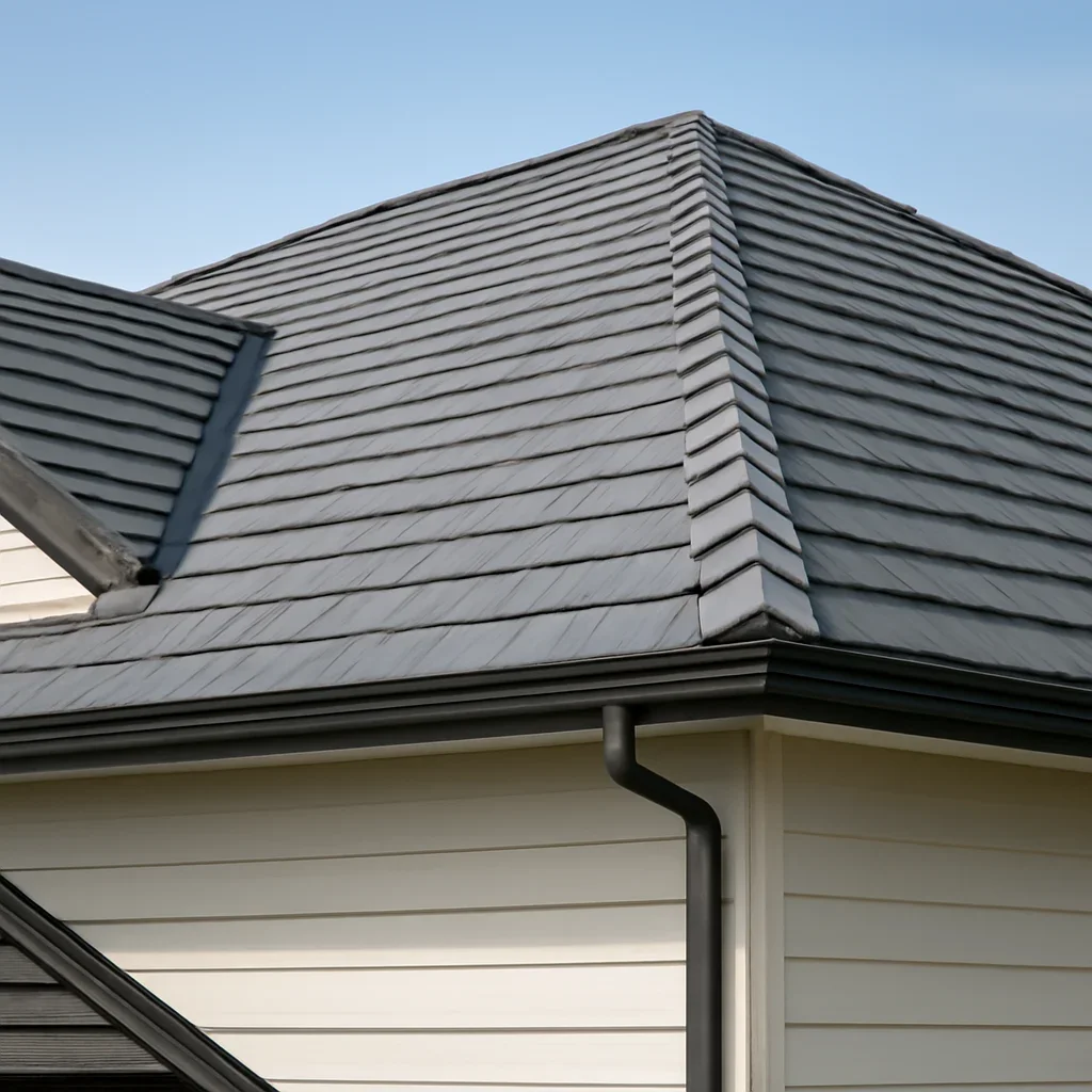 Completed roofing detail associated with residential roof completed in stages