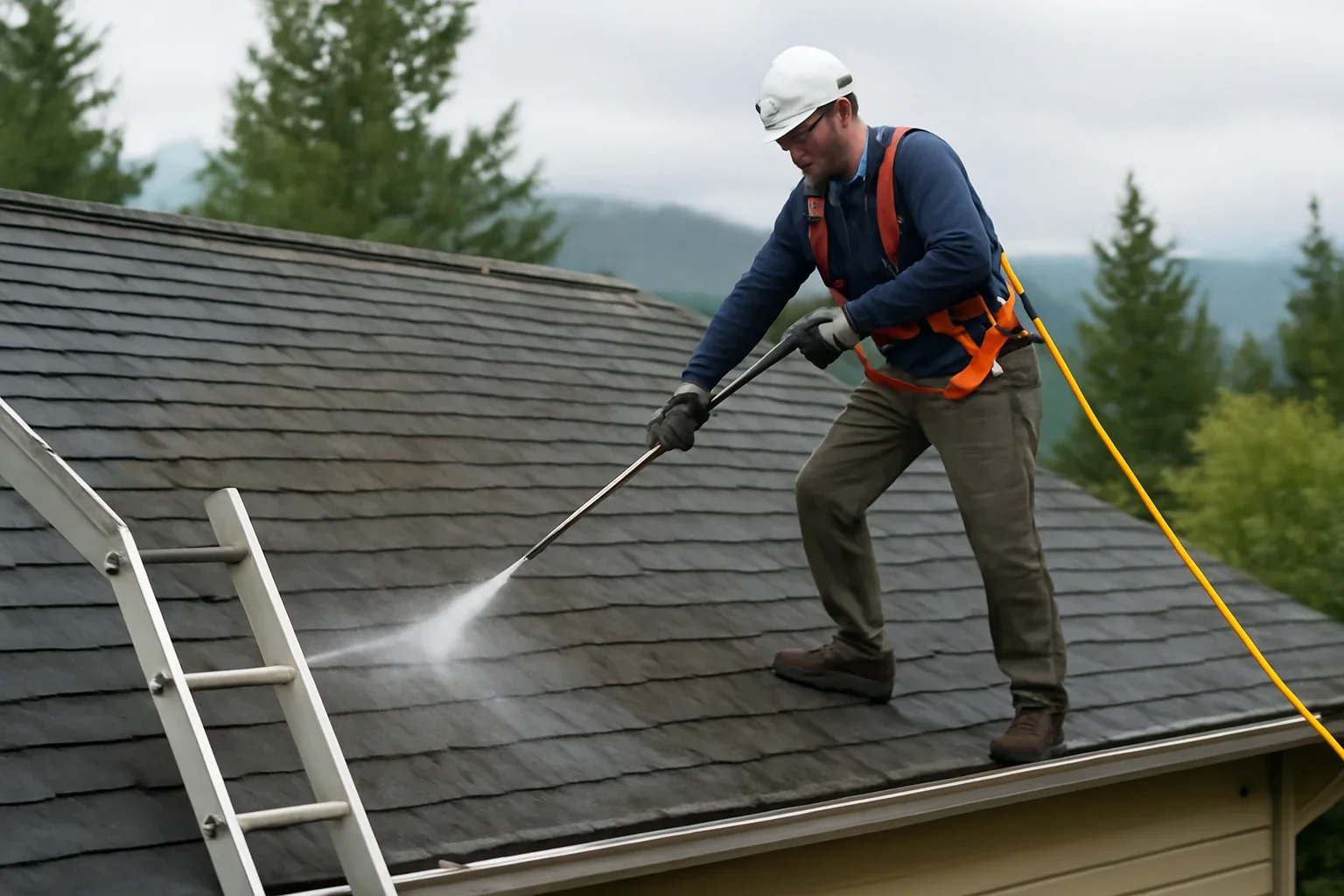 Professional roofing work related to roof cleaning