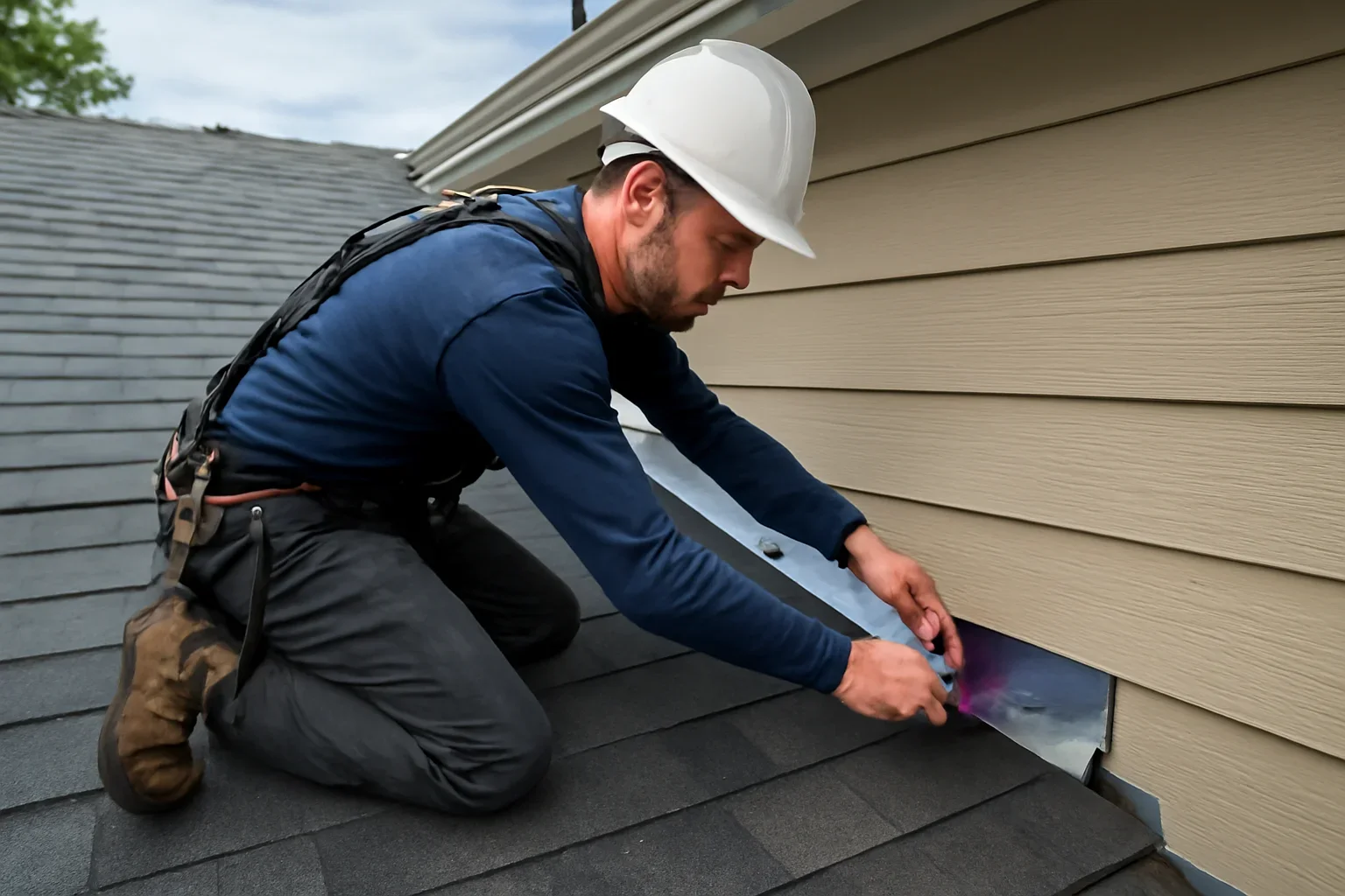 Professional roofing work related to roof-to-wall flashing correction
