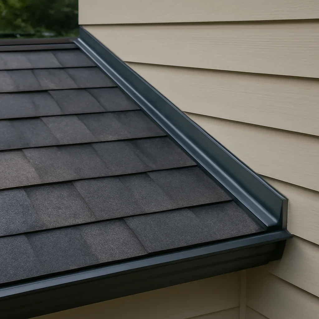 Completed roofing detail associated with roof-to-wall flashing correction