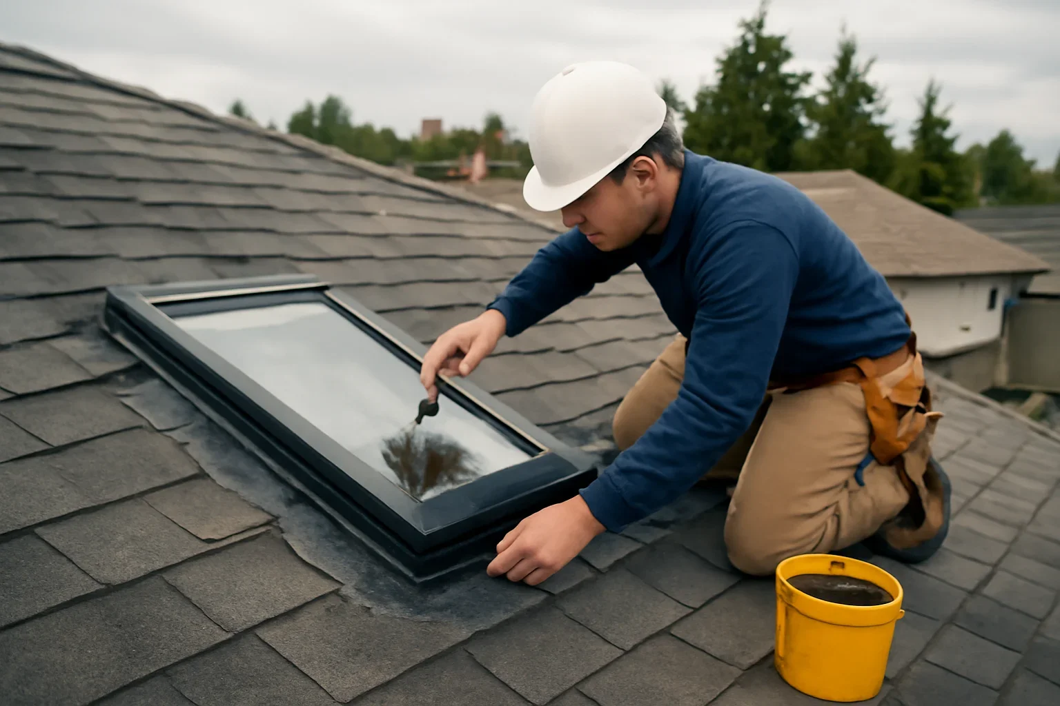 Professional roofing work related to skylight leak repair