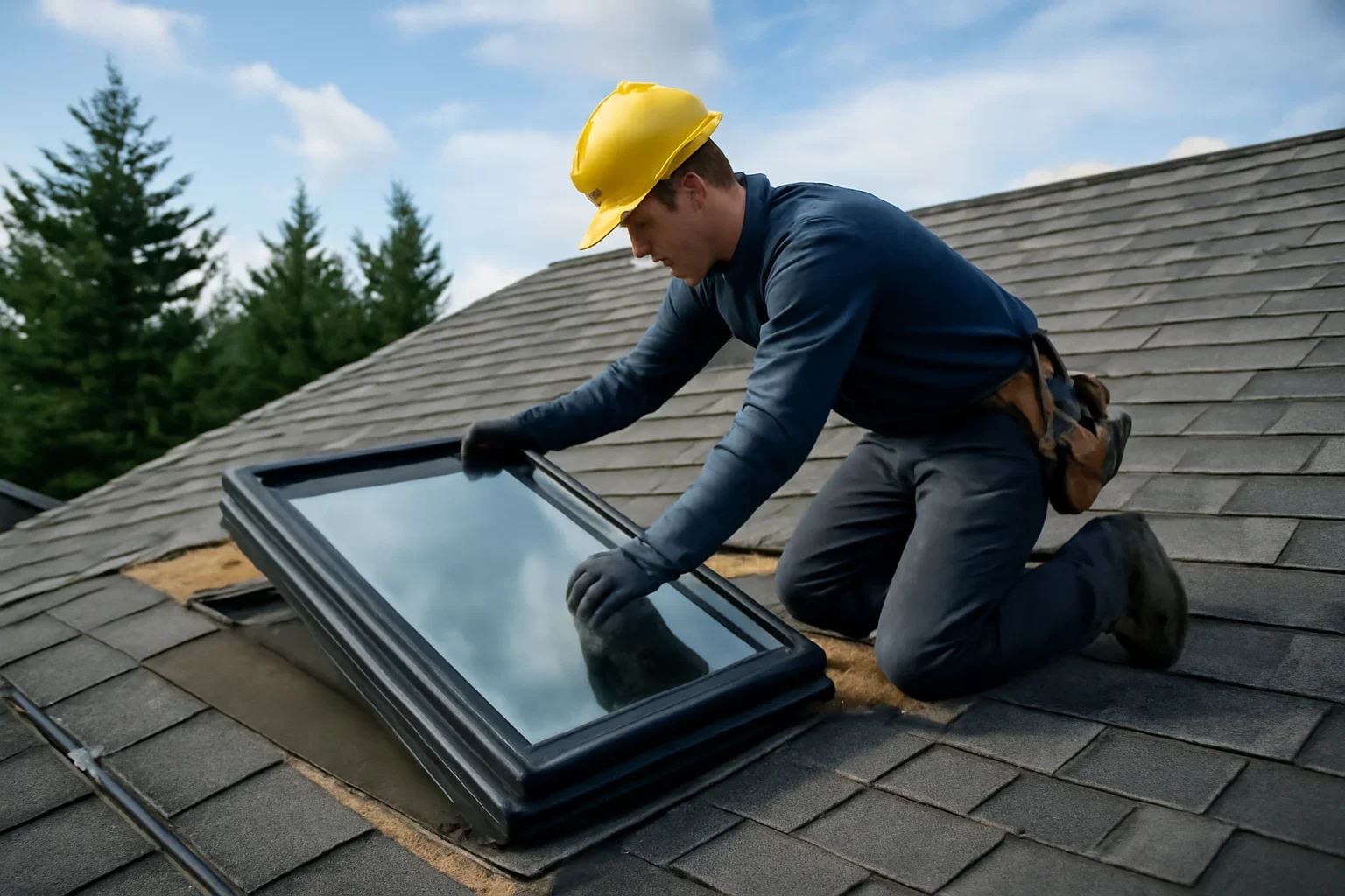 Professional roofing work related to skylight repair and installation