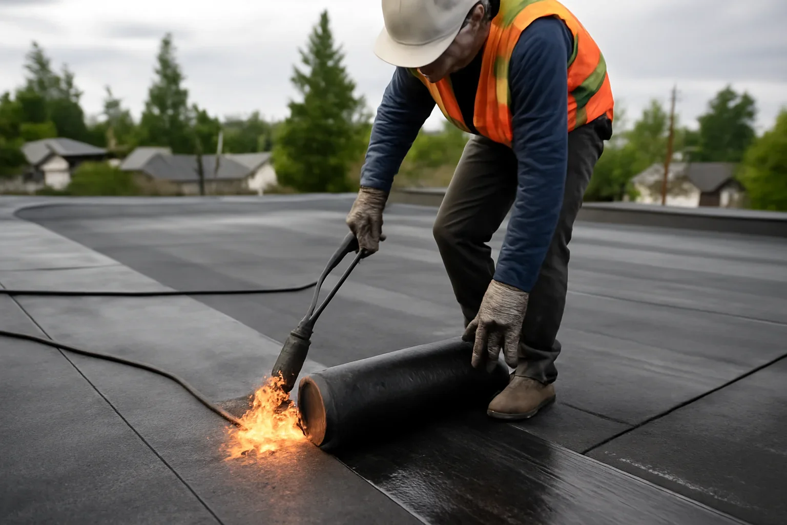Professional roofing work related to torch-on roof replacement